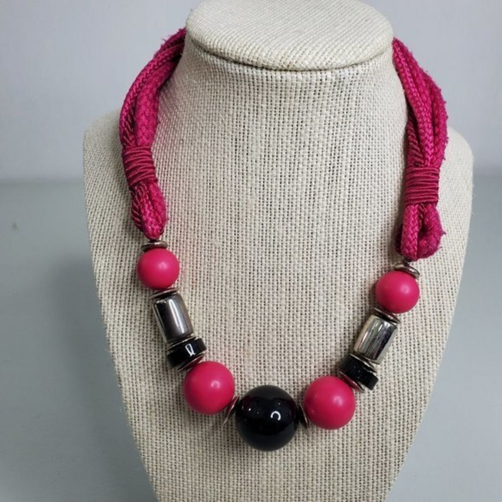 Beaded Rope Necklace Pink Black Silver Tone Ball Statement Big Chunky Cord